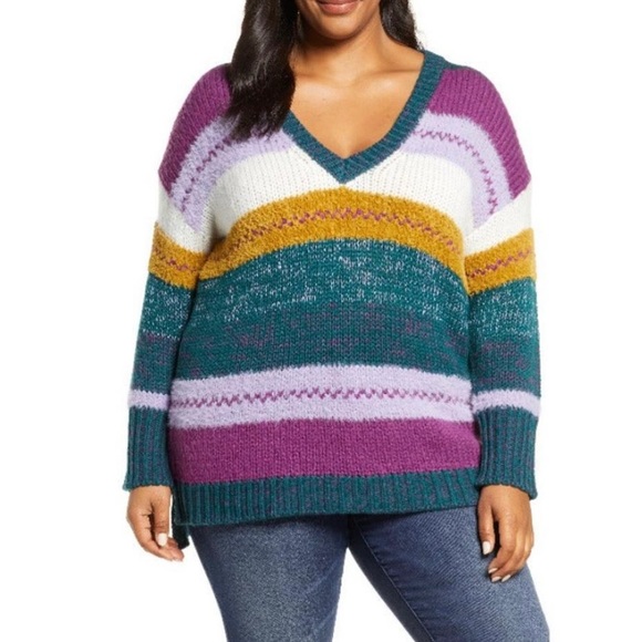 Caslon Mixed Stripe V-neck Purple Multicolor Sweater - Picture 6 of 7